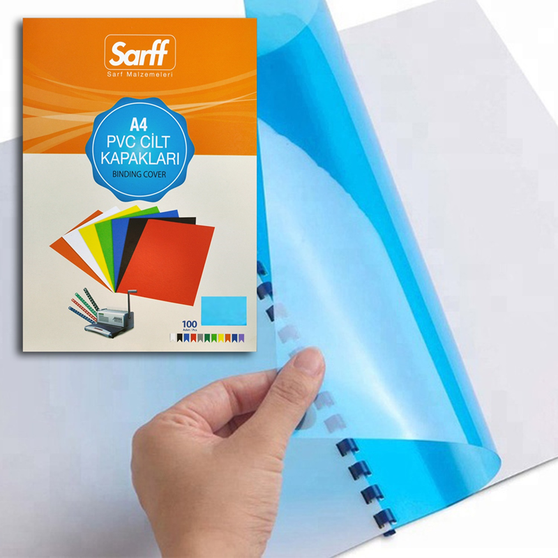SARFF A4 ŞEFFAF MAVİ PVC CİLT KAPAKLARI - 100ADET