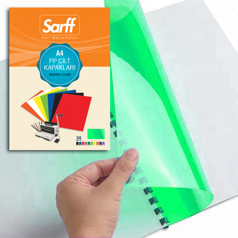 SARFF PP 450MIC A4 ŞEFFAF YEŞİL CİLT KAPAKLARI - 50ADET